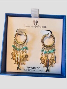 House of Harlow 1960 Gold Hoop Earrings with Turquoise Beads and Fish Charms